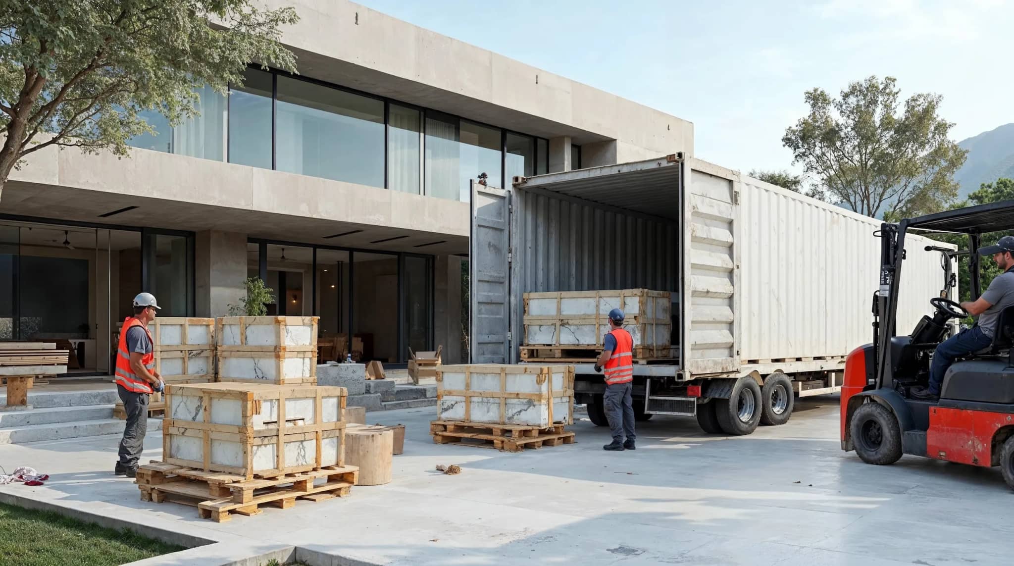 Premium Turkish Travertine and Marble Turkish marble delivery and installation at modern construction site