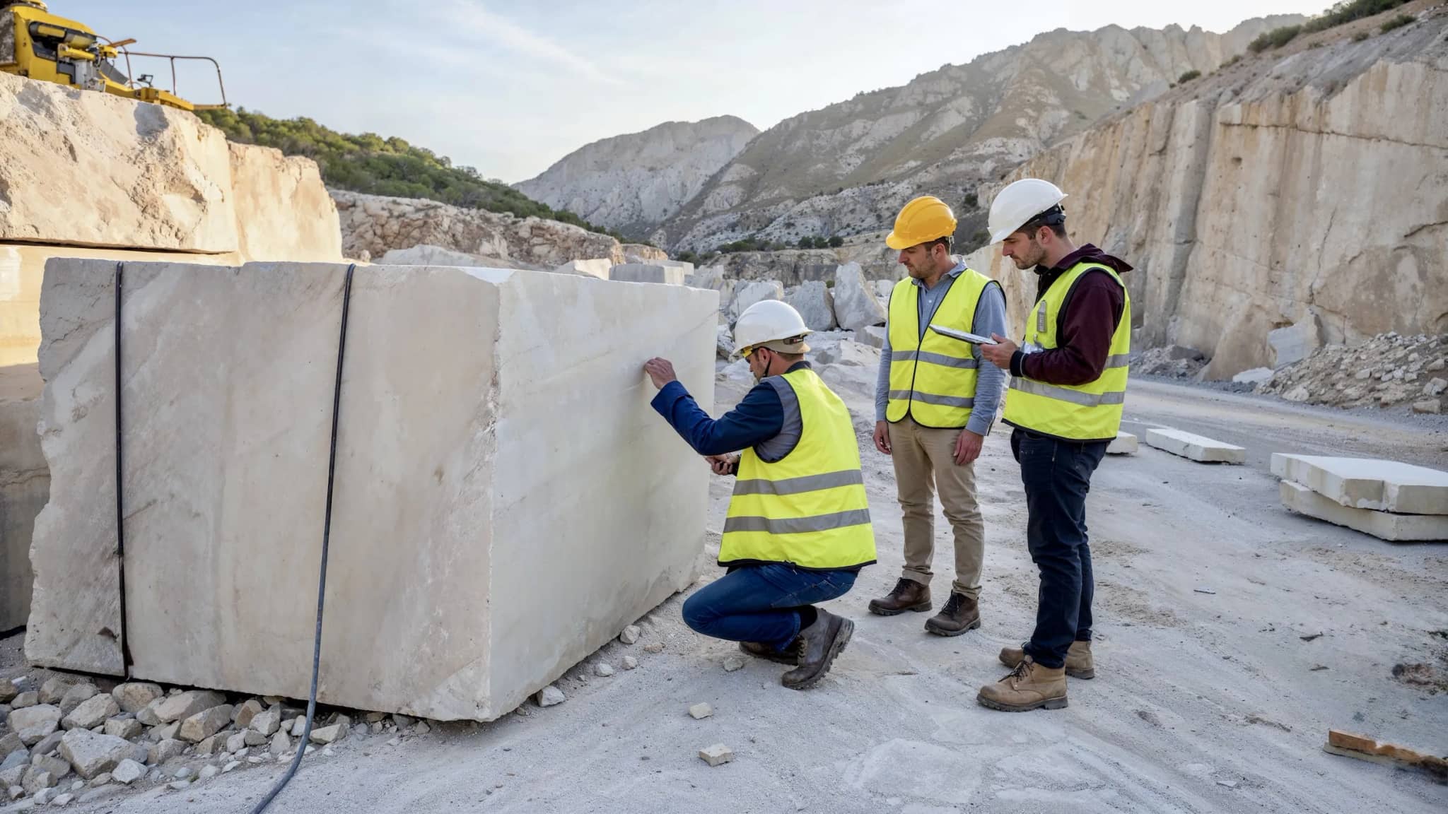 Architectural Custom Fabrication Quality control inspection at Turkish marble quarry site