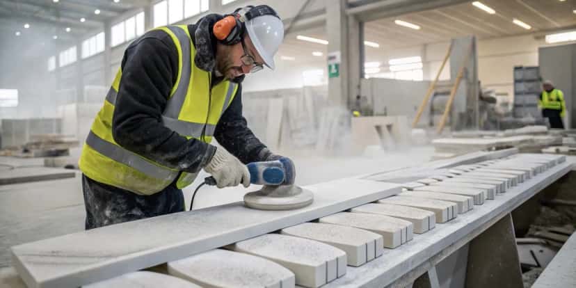 Stone craftsman polishing custom-cut marble pieces in modern Turkish fabrication workshop