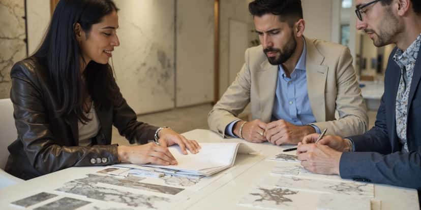Consultoría de mármol turco con muestras de piedra y planos arquitectónicos en oficina profesional