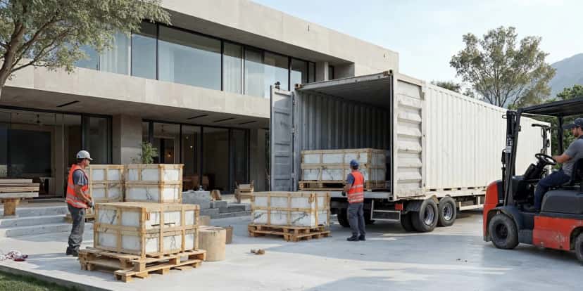 Entrega de contenedor de mármol turco a obra residencial moderna con equipo logístico profesional